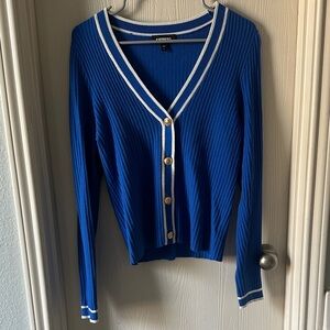 Express Royal Blue V-Neck Cardigan with White Trim